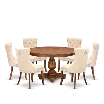7 Piece Kitchen Table Set Consists of a 48" Round Table with Pedestal and 6 Polyester Upholstered Chairs