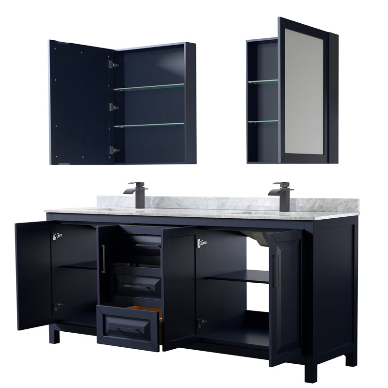 Daria 80'' W Double Vanity, Dark Blue, Carrara Cultured Marble, Brushed Gold