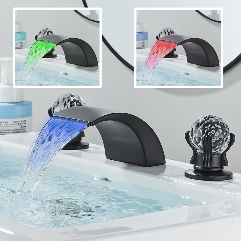 LED Light Bathroom Sink Faucet 3 Holes, 8 Inch Waterfall Faucets with Dual Crystal Handles Basin Mixer Tap, Widely Waterfall Spout 3 Color Changing Vanity Faucets with Supply Hose