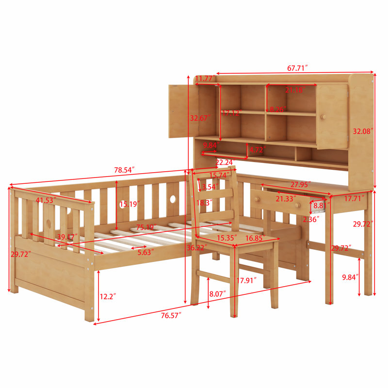 Multifunctional Wood Platform Bed With Bookshelf At The Head Of The Bed, Built-In Desk And Matching Chair