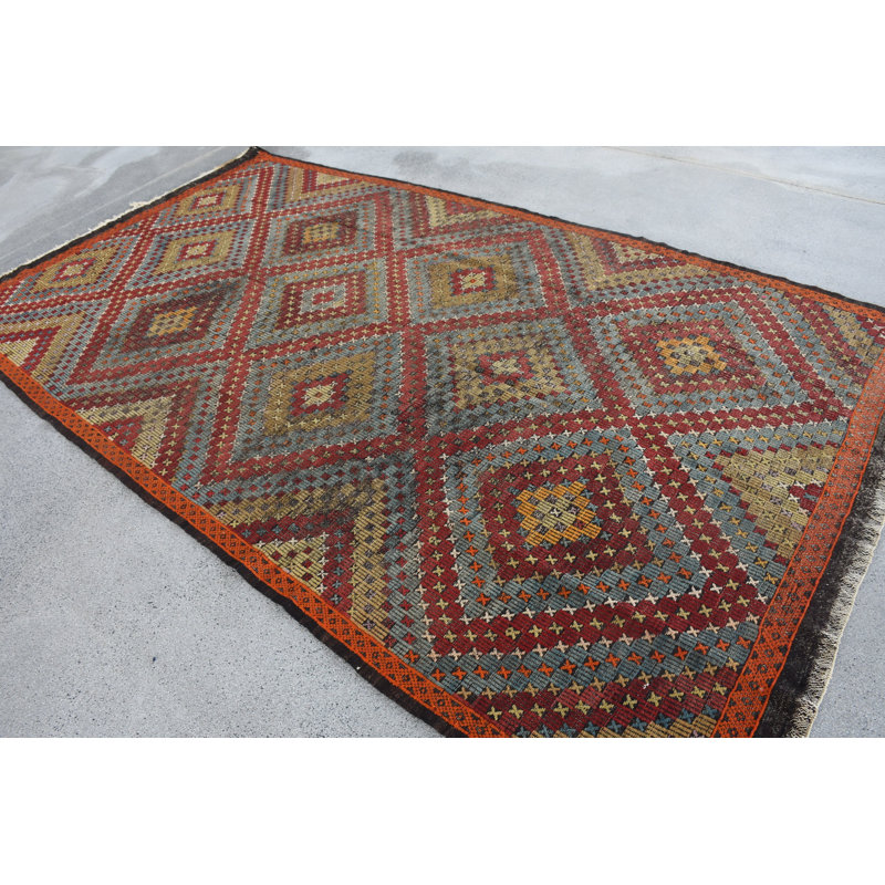 Élégant tapis géométrique en laine rouge de 69,3 x 125,2 pouces