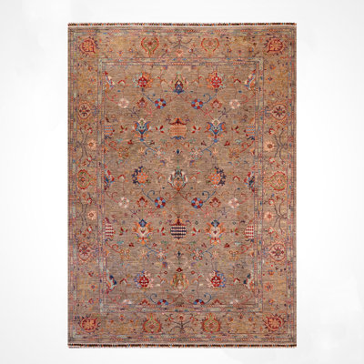 Original Hand Knotted Traditional Pattern Brown Wool and Cotton Rug