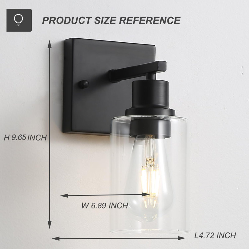 Farmhouse Modern Wall Lights Set Of 2, Vanity Lights With Clear Glass Shade For Bathroom, Bedroom, Living Room, Matte Black