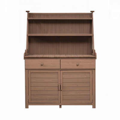Table de jardin, table de travail en bois de sapin avec tablette de rangement, tiroir et armoire