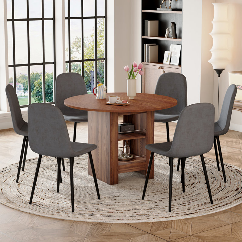 Table de salle à manger 42 "Mid-Century, Noyer, 7 pièces : table, 6 chaises, Gris foncé