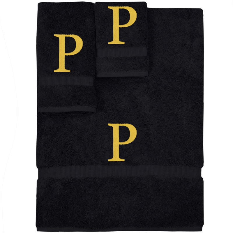 Ensemble de serviettes monogrammées - ensemble de 3 - lettre-bloc, P, Noir / or