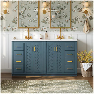 Ensemble de meuble-lavabo 60 po avec lavabo en céramique, structure en bois massif, armoire de rangement autoportante avec tiroirs et portes à fermeture douce