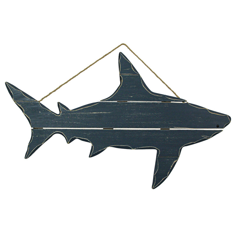 Art mural requin en bois sculpté à la main bleu côtier avec support à corde et bords usés rustiques - l 31 po x P 1 po x H 18,75 po