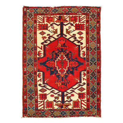 Alischa Oriental Handmade Hand-Knotted Rectangle 3'8" x 5'2" Wool/Cotton Area Rug in Red/Beige/Navy
