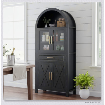 71 Inch Tall Arched Kitchen Pantry Cabinet with Glass Door, Farmhouse Storage with Adjustable Shelves and Barn Door Design for Kitchen, Living & Dining Room