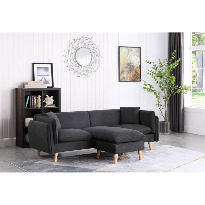 Méridienne modulaire en tissu gris foncé, classe de siège réarrangeable, pieds en bois massif, 2 coussins inclus, sièges rembourrés en mousse avec ressorts ensachés, profondeur de 24 po x 24 po x H 18 po pour un confort maximal