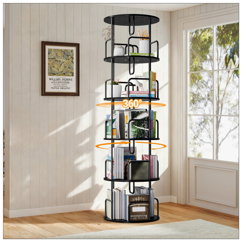 Rotating Bookshelf Tower 5 Tier, Spinning 360° Bookcase, Space-Saving And Stylish Organizer For Books And Decor, Black