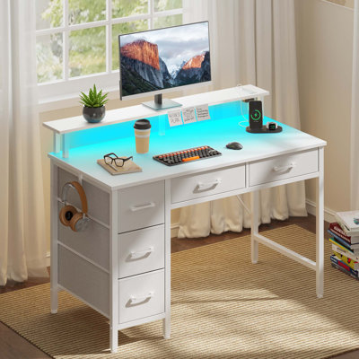 Computer Desk with Monitor Stand & Charging Station, Gaming Desk with LED Lights &  Drawers