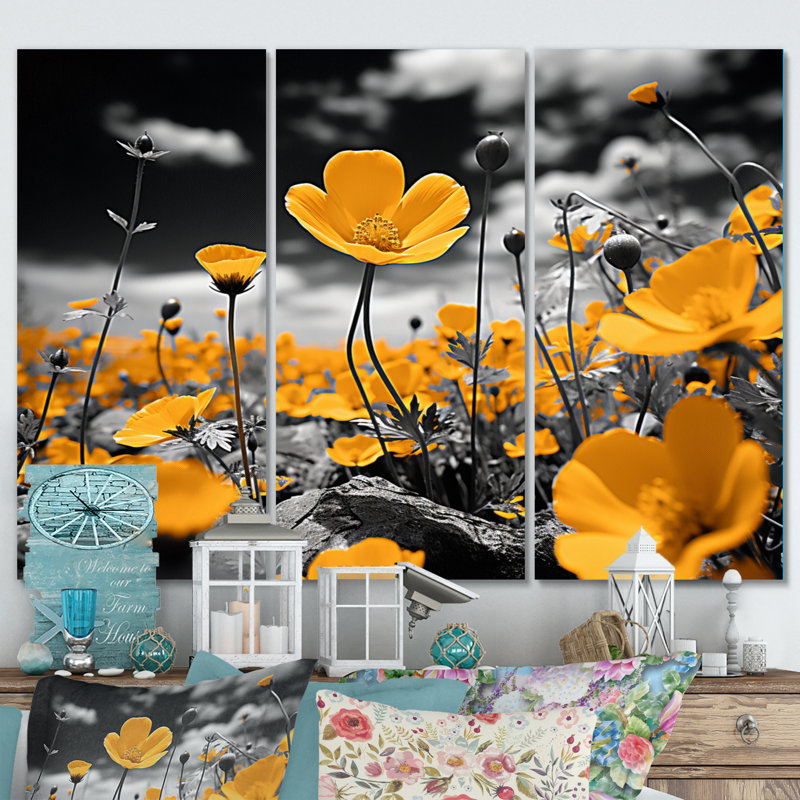 Yellow Grey Golden Buttercups Black And White I - Floral Metal Wall Decor Set