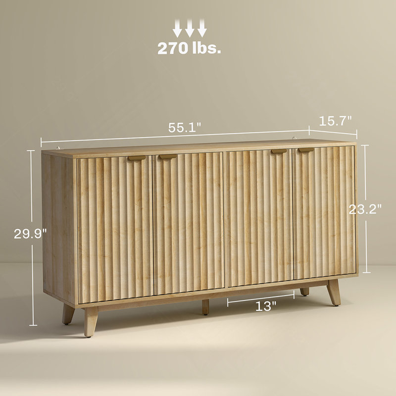 Convenient Cabinet,Fluted Sideboard Buffet Cabinet,With Doors,Adjustable Shelves,Wood Legs, Oak