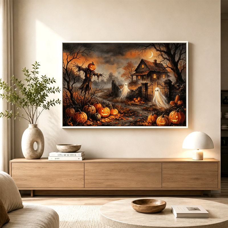 Tableau sur toile avec cadre flottant, représentant des fantômes et des têtes de citrouilles pour l'Halloween, idéal pour accrocher.