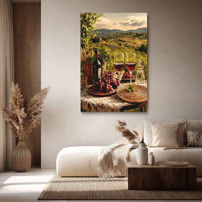Tuscan “Wine Bottles & Grapes with Italian Countryside Backdrop (Warm Tone)” Vineyard Wine Canvas Wall Art Stretched Frame for Cozy Studio