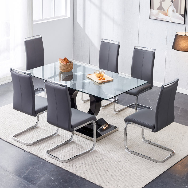 Crystalynn Modern 63-Inch Rectangular Glass Top Dining Table Set, 7 Pieces: Table, 6 Chairs, Dark Gray
