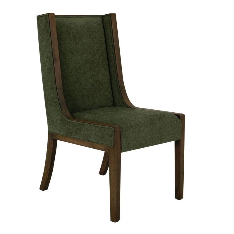 Okai Dining Chair Set Of 2, Olive Green Polyester Wingback, Brown Wood