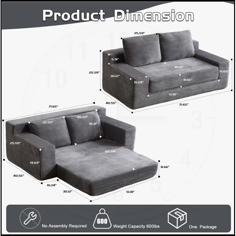 Canapé-lit confortable à assise profonde, petit canapé en velours côtelé moderne pour le salon et la chambre à coucher, coussin réversible avec coussins, sans assemblage requis, gris foncé