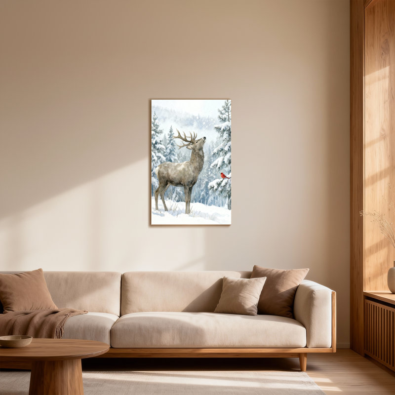 Animaux, hiver, cerf, neige, forêt, oiseau rouge, pins, H 36 po x l 24 po