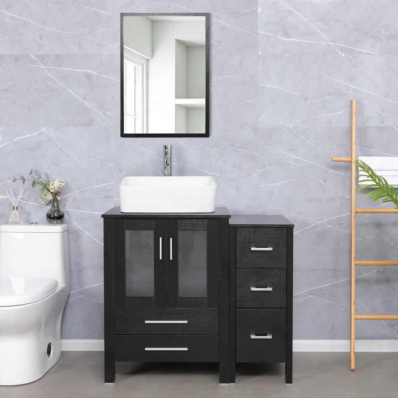 3 combo 36" Single Bathroom Vanity Set with Vessel Sink, Faucet, Drain, Black