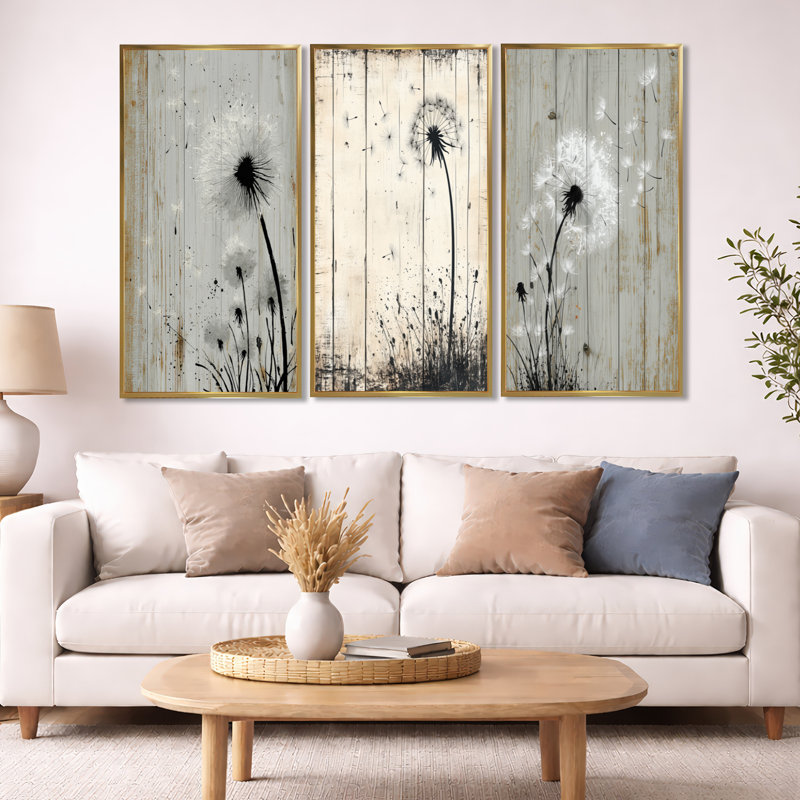 «White Vintage Dandelion Breeze», ensemble de 3 encadrements de pissenlits, H 32 po x l 48 po, Cadre flottant doré