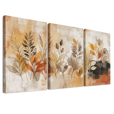 Abstract Botanical Stems in Burnt Orange and Beige Set Of 3 Canvas Wall Art