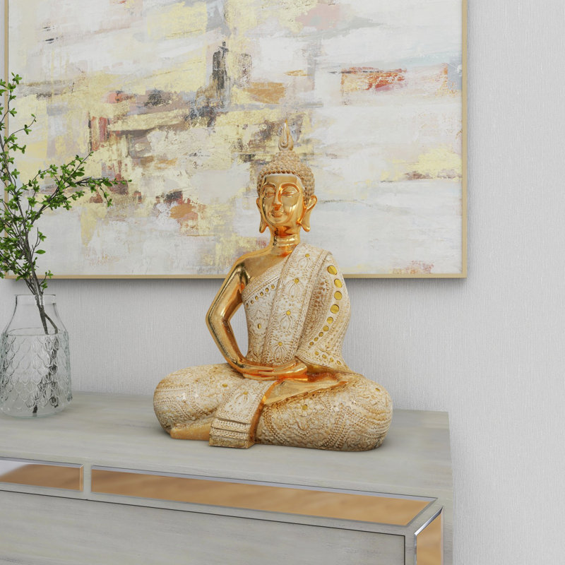 Polystone Meditating Carved Buddha Decorative Sculpture with  Mirrored Embellishments