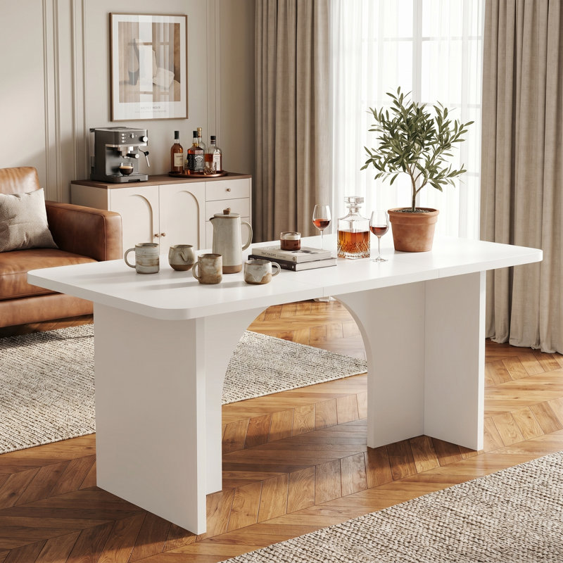 Table de salle à manger moderne blanche, table rectangulaire minimaliste de 75 pouces avec base arquée pour la cuisine et le salon