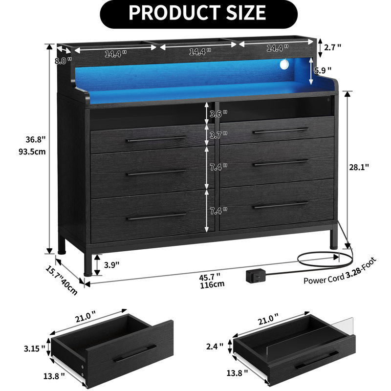 Brazoban Wood Acrylic Accent Cabinet with 6-Drawers and Colorful LED Light, Black