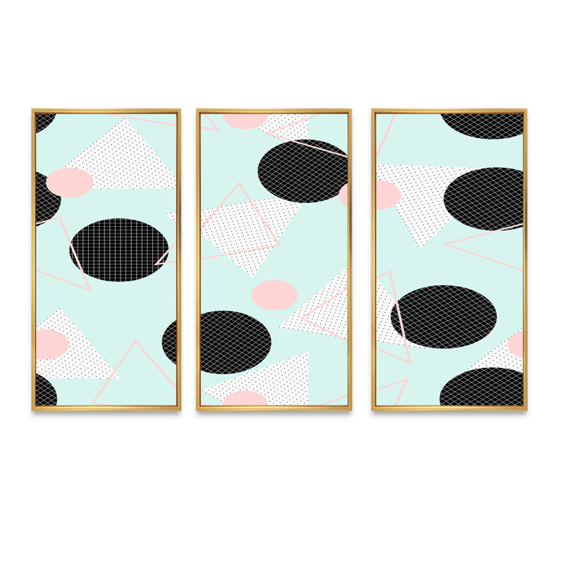 «Black Circlels on Pastel Blue and Pink Geometrics», ensemble de 3 impressions sur toile flottante encadrées