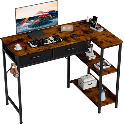 40 Inch Gaming Desk with Power Outlet, l Shaped Computer Gaming Table with 3 Tiers Storage Shelves & 2 Drawers, Escritorio with Headphone Hook, Corner Gamer Desk for Small Spaces, Wood Color