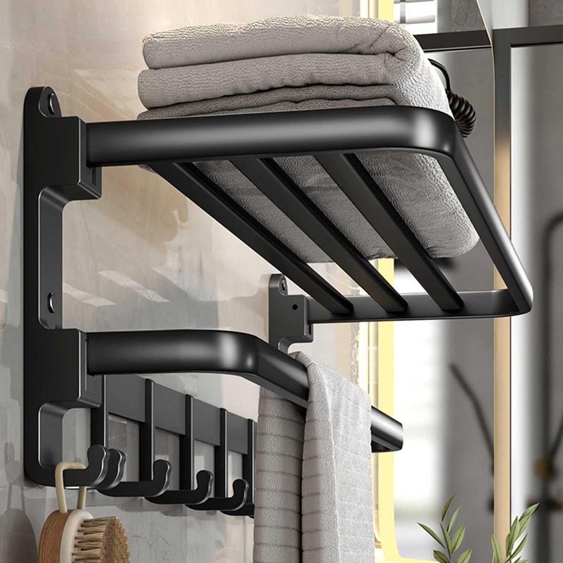 Porte-serviettes mural noir mat avec tablette, Noir mat