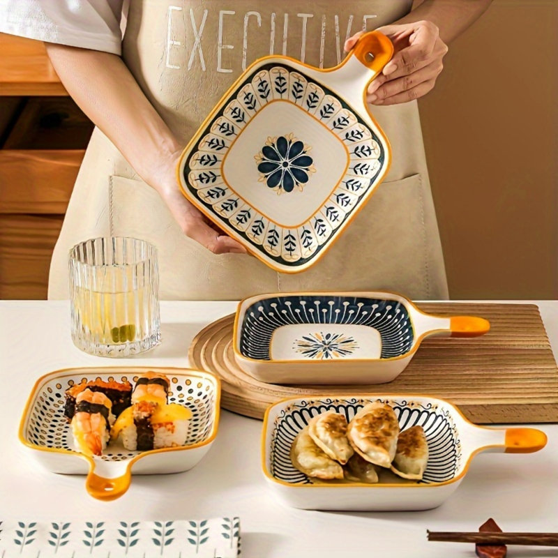 4-piece Premium Rectangular Ceramic Baking Dish Set - Durable Non-stick Coating, Single Handle For Easy Carrying, Perfect 9-inch Home Baking Pans For Effortless Cooking And Serving - Ideal For Oven, Microwave, And Dishwasher Safe