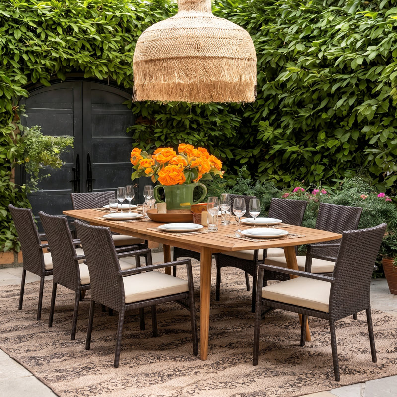 8 - Person Acacia Wicker Patio Dining Set with Extendable Rectangular Table , Cushions Included
