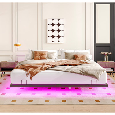 King Size Metal Bed Frame With Led Lights - 1000 Lbs Capacity, Heavy-Duty Floating Metal, 9 Steel Legs