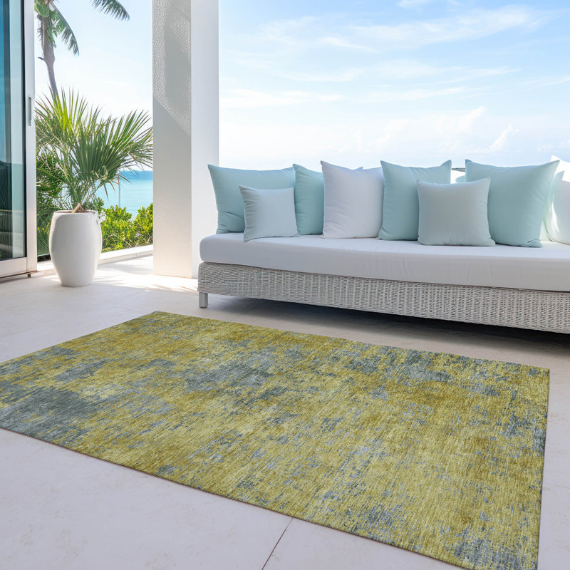 Gold and Gray Abstract Washable Synthetic Rug, 3' x 5'
