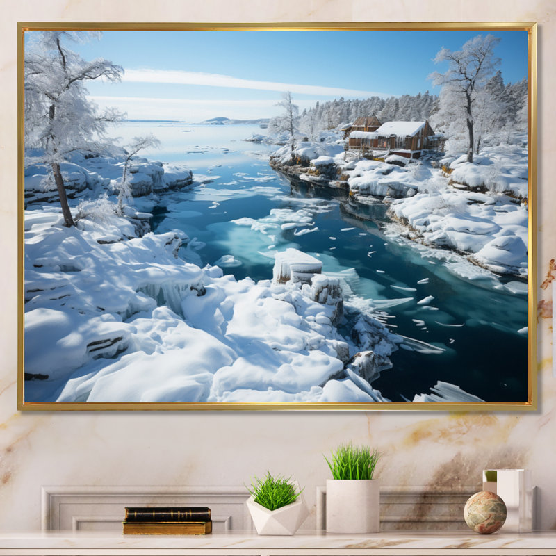 Suède, archipel bleu glacier III, H 30 po x l 40 po x P 1,5 po, Cadre flottant doré