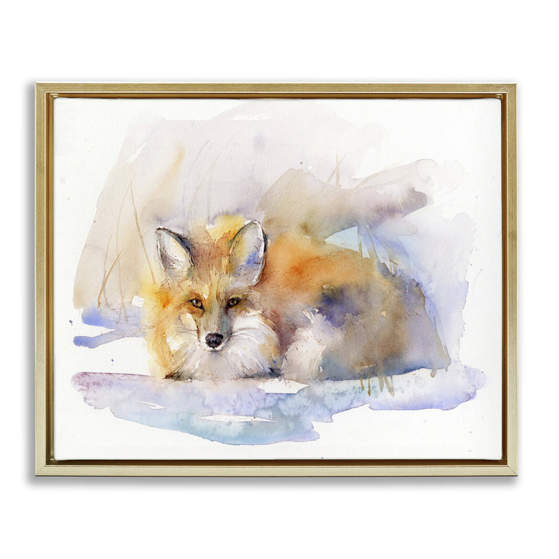 «Fox Sleeping in Snow», art mural sur toile par John Keeling, H 17 po x l 21 po, Cadre flottant métallique doré
