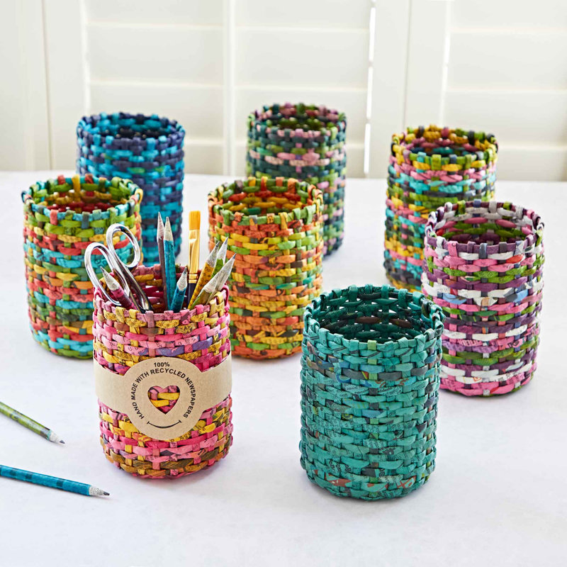 Round Recycled Newspaper Pencil Holder, Green/Lilac