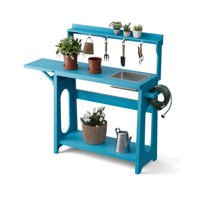 Outdoor Potting Bench with Removable Sink & Foldable Extension, HIPS Potting Table with Storage Shelves & Tool Hooks