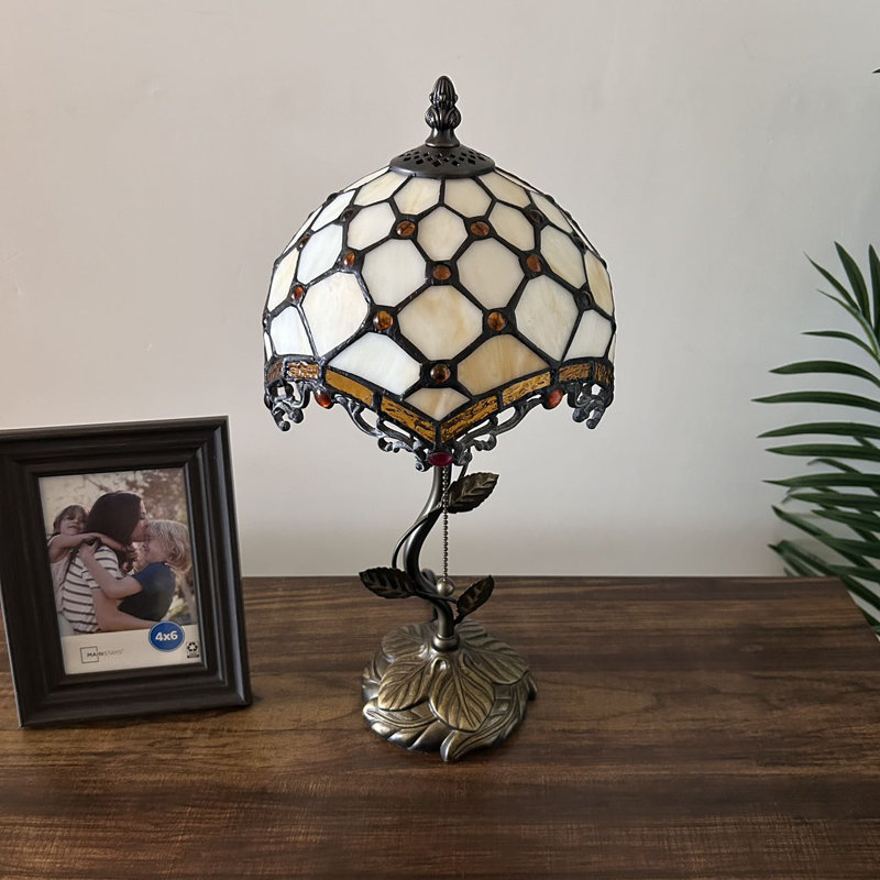 Beige Stained Glass Table Lamp with Bronze Resin Base