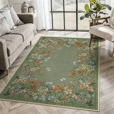 Tapis vert / gris 5 x 7 Floral Vintage
