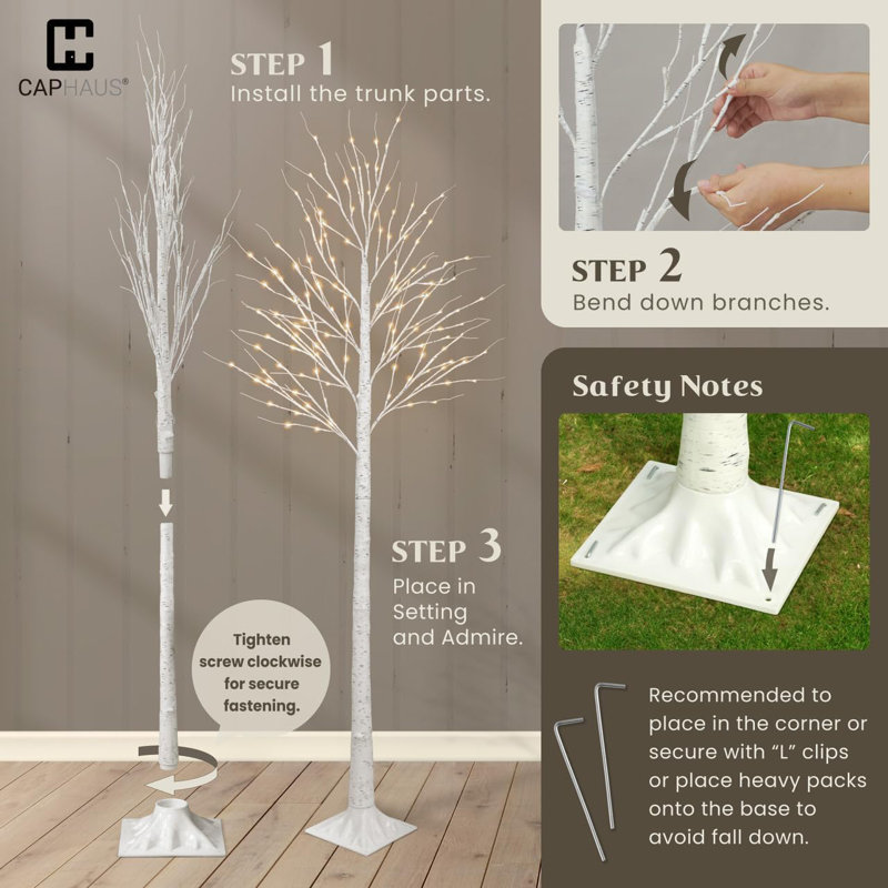 CAPHAUS Full White Pre-lit Birch Tree w/ LED Lights, Light Up Tree, Full Artificial White Twig Tree w/ Warm White Lights for Festival Decoration Indoor, Multiple Sizes