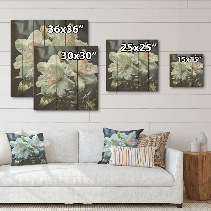 Rhododendron blanc, beauté réaliste I - Art sur bois de rhododendron sur bois de pin naturel, H 36 po x l 36 po