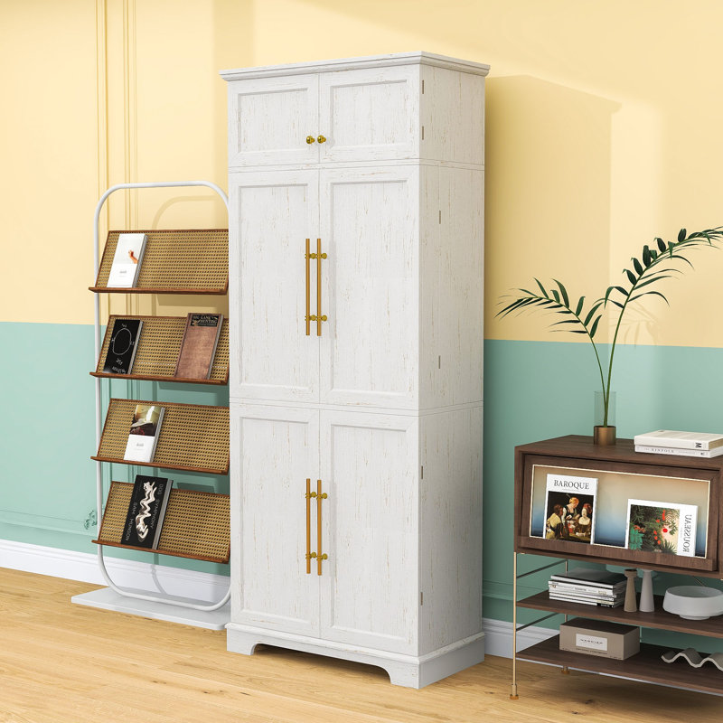 Armoire de cuisine moderne avec tiroir caché, tablettes réglables, support à vin et conception anti-basculement, Blanc rétro