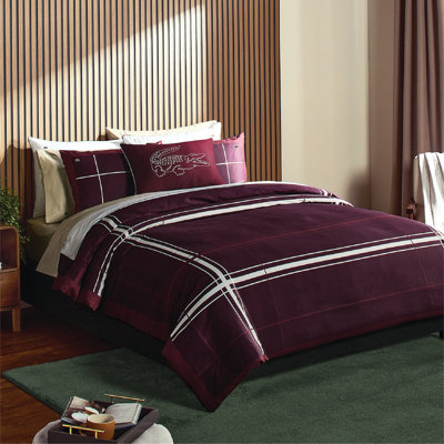Lacoste Playful Check Twin Size 2-Piece Comforter Set, Premium Cotton Percale Cover with Microfiber Fill, Soft Breathable All-Season, Burgundy