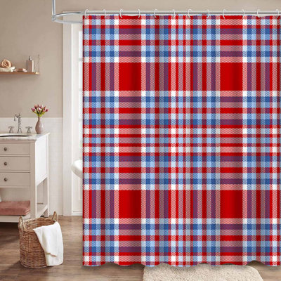 Seamless Tartan Plaid Checkered Blue Shower Curtain with 12 Hooks