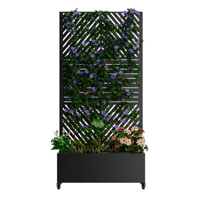Metal Planter Box With Trellis For Outdoor Gardening, 73" Height, 35" Width, 16" Depth, Black - Self Draining System, Low Maintenance Design